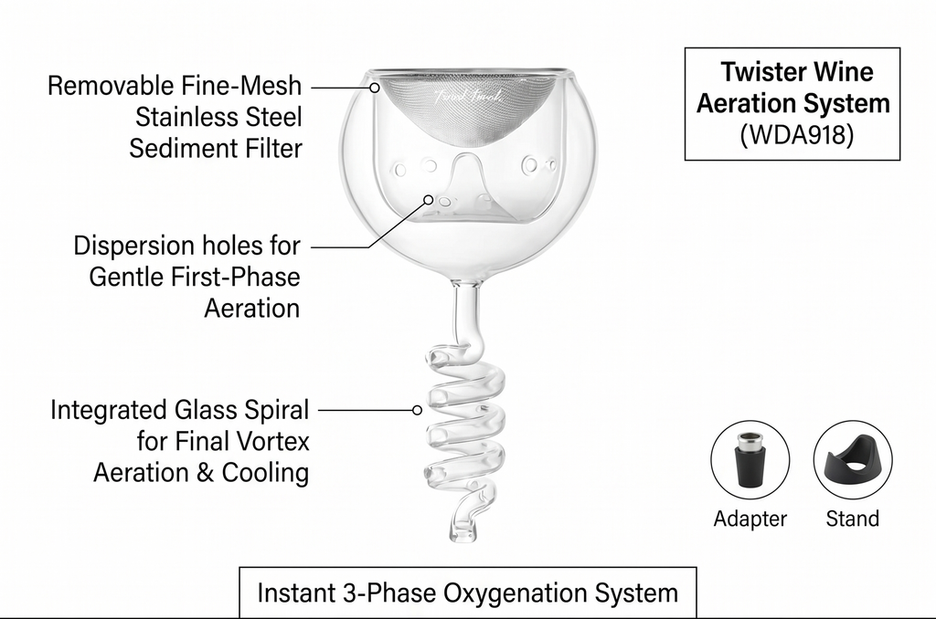 Final Touch Glass Twister Aerator Decanter - Wine Oxygenation System, 3 Phase Aeration, Stainless Steel Filter, Globe Design, Adapter & Stand (WDA918)