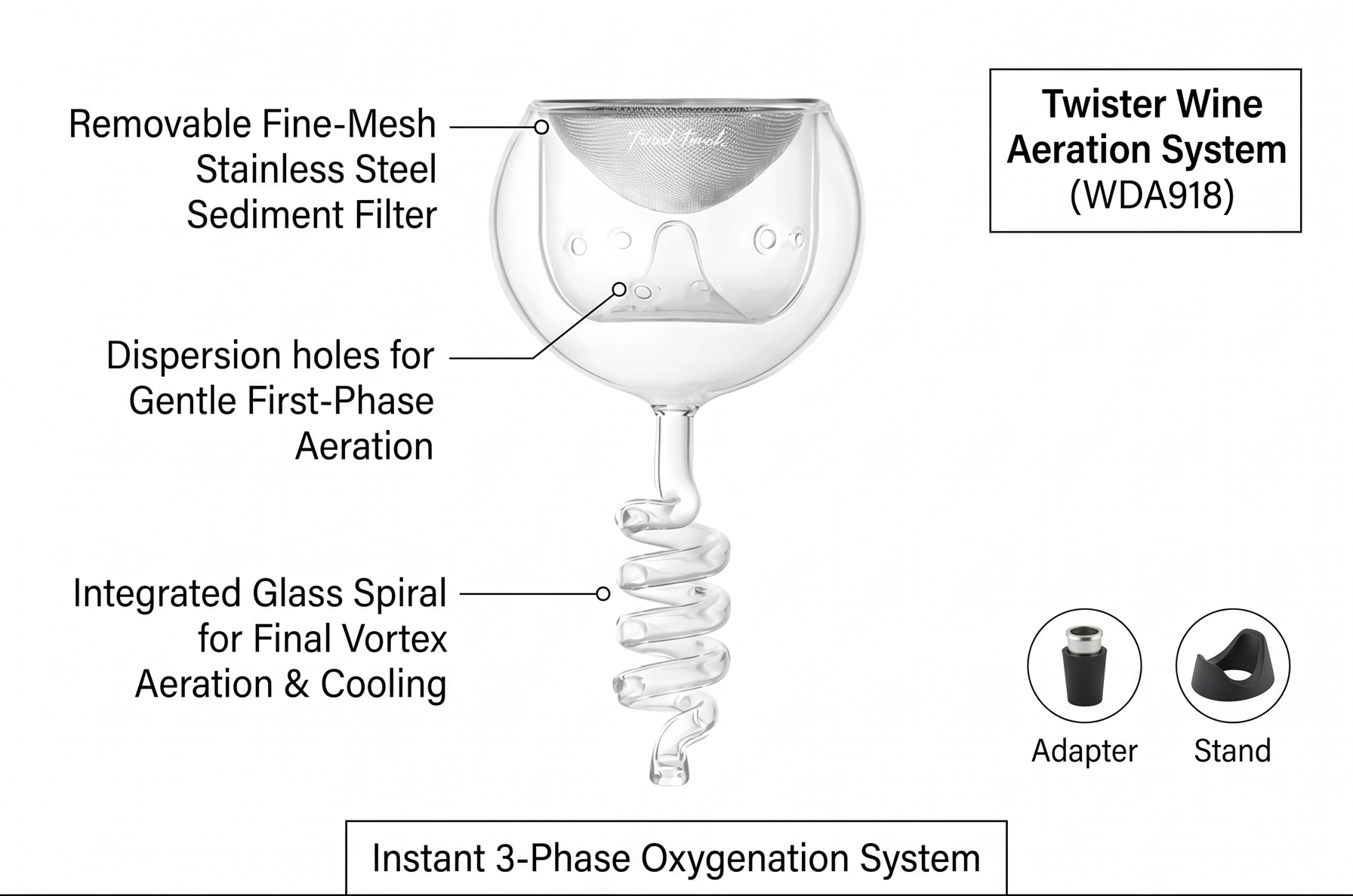 Final Touch Glass Twister Aerator Decanter - Wine Oxygenation System, 3 Phase Aeration, Stainless Steel Filter, Globe Design, Adapter & Stand (WDA918)