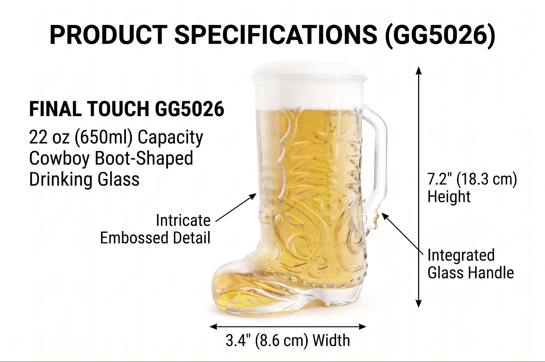 Final Touch Wild West Boot Glass - 22 oz Cowboy Boot-Shaped Drinking Glass - Thick Glass with Handle - Perfect for Beer, Mixed Drinks, and More! (GG5026)