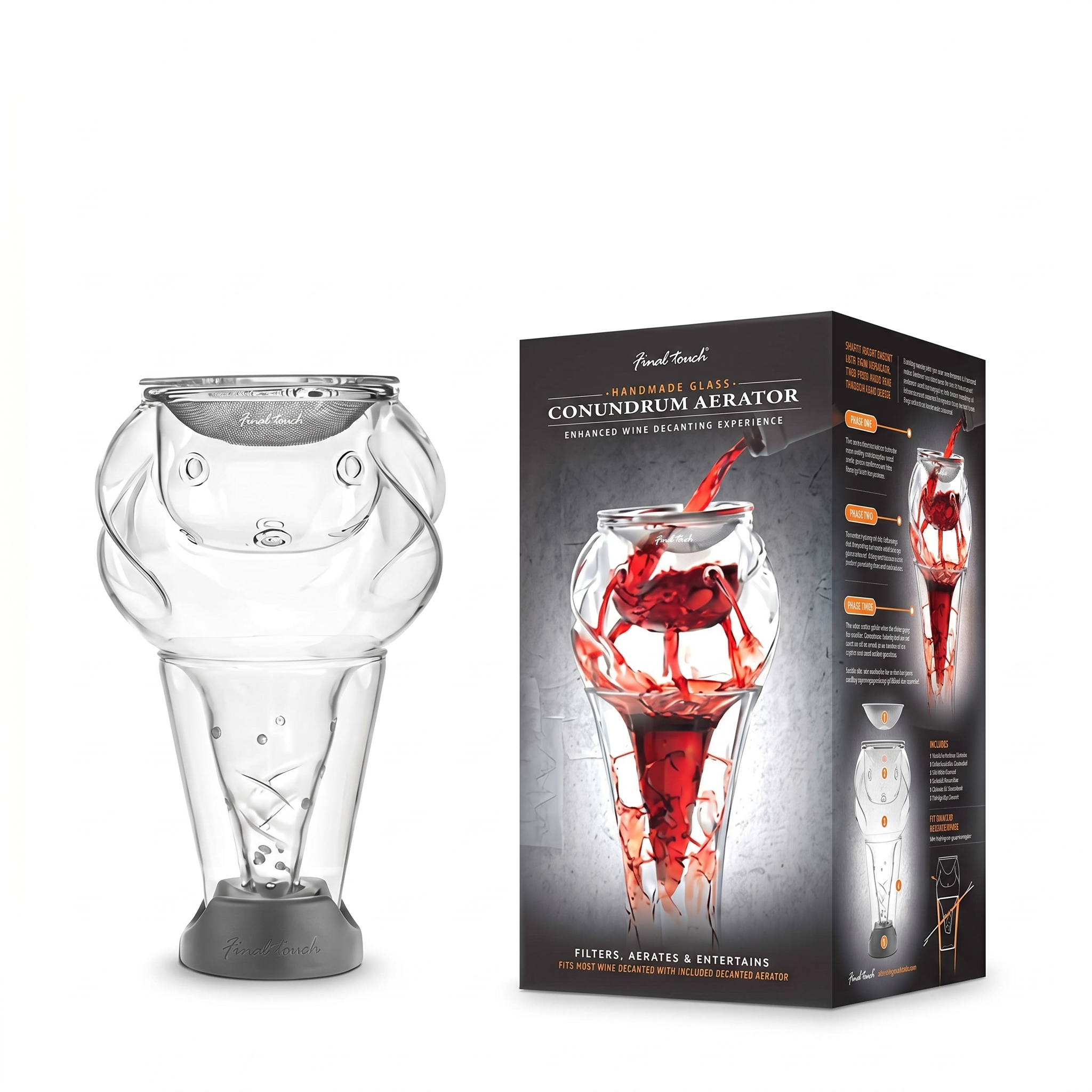 Final Touch Conundrum Aerator for Wine Decanters - Instant Wine Oxygenation, 3 Phase Aeration System, Stainless Steel Sediment Filter, Fits Angled & Straight Decanter Rims (WDA590)