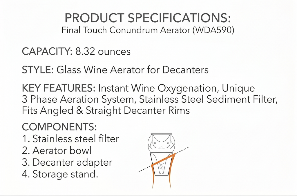 Final Touch Conundrum Aerator for Wine Decanters - Instant Wine Oxygenation, 3 Phase Aeration System, Stainless Steel Sediment Filter, Fits Angled & Straight Decanter Rims (WDA590)