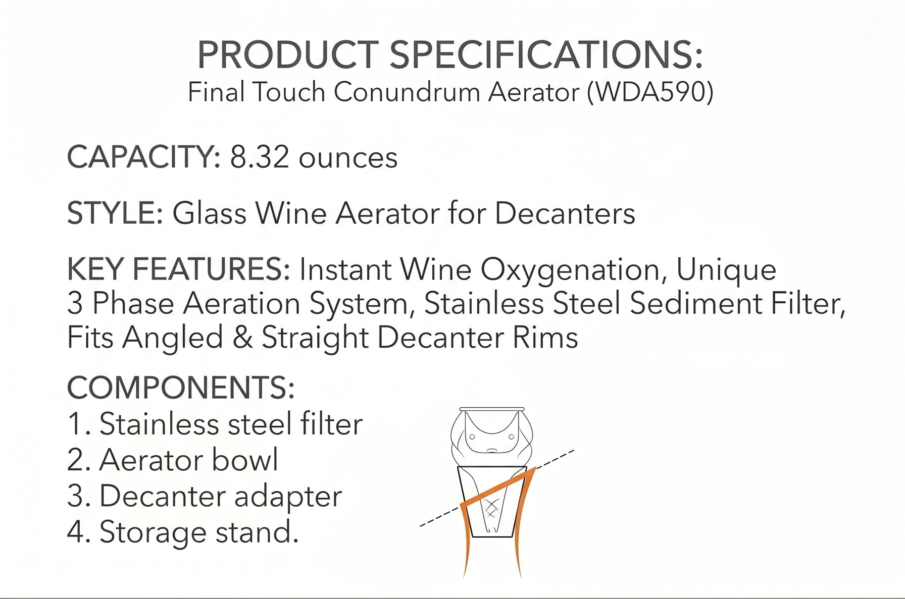 Final Touch Conundrum Aerator for Wine Decanters - Instant Wine Oxygenation, 3 Phase Aeration System, Stainless Steel Sediment Filter, Fits Angled & Straight Decanter Rims (WDA590)