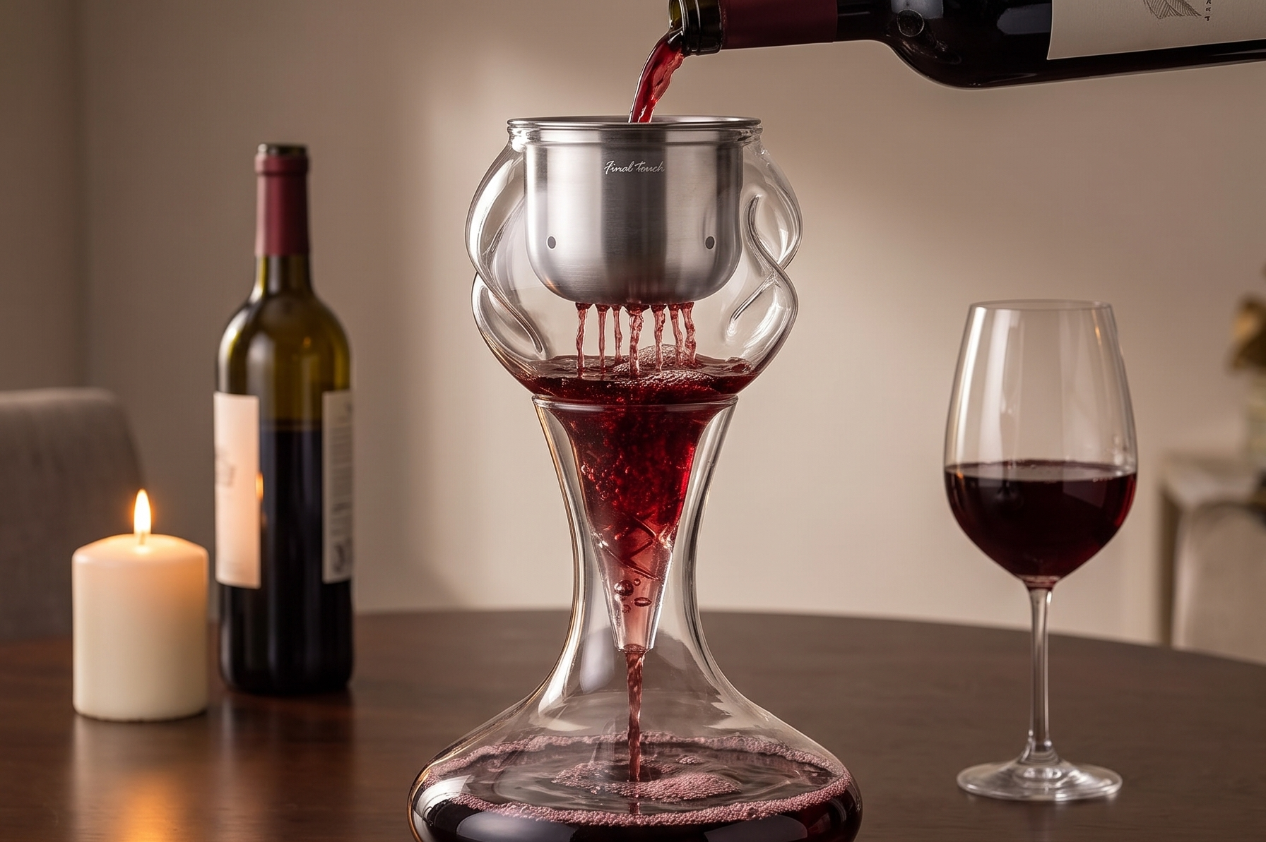 Final Touch Conundrum Stainless Steel Wine Decanter Aerator - Instant Oxygenation, 3 Phase Aeration System, Sediment Filter, Fits Angled & Straight Decanters (WDA595)
