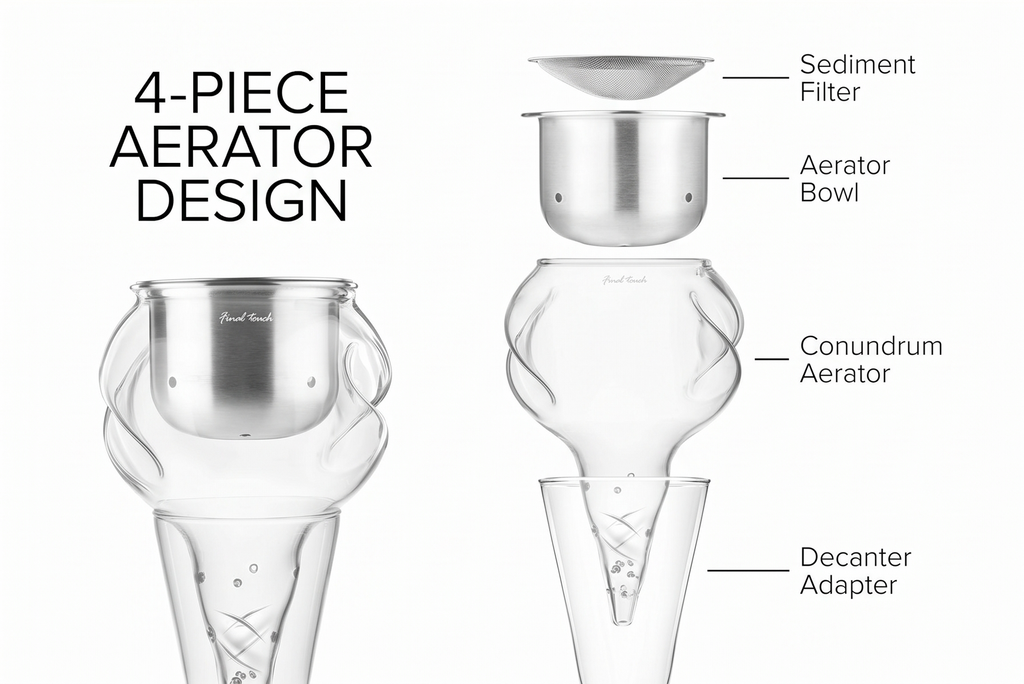 Final Touch Conundrum Stainless Steel Wine Decanter Aerator - Instant Oxygenation, 3 Phase Aeration System, Sediment Filter, Fits Angled & Straight Decanters (WDA595)