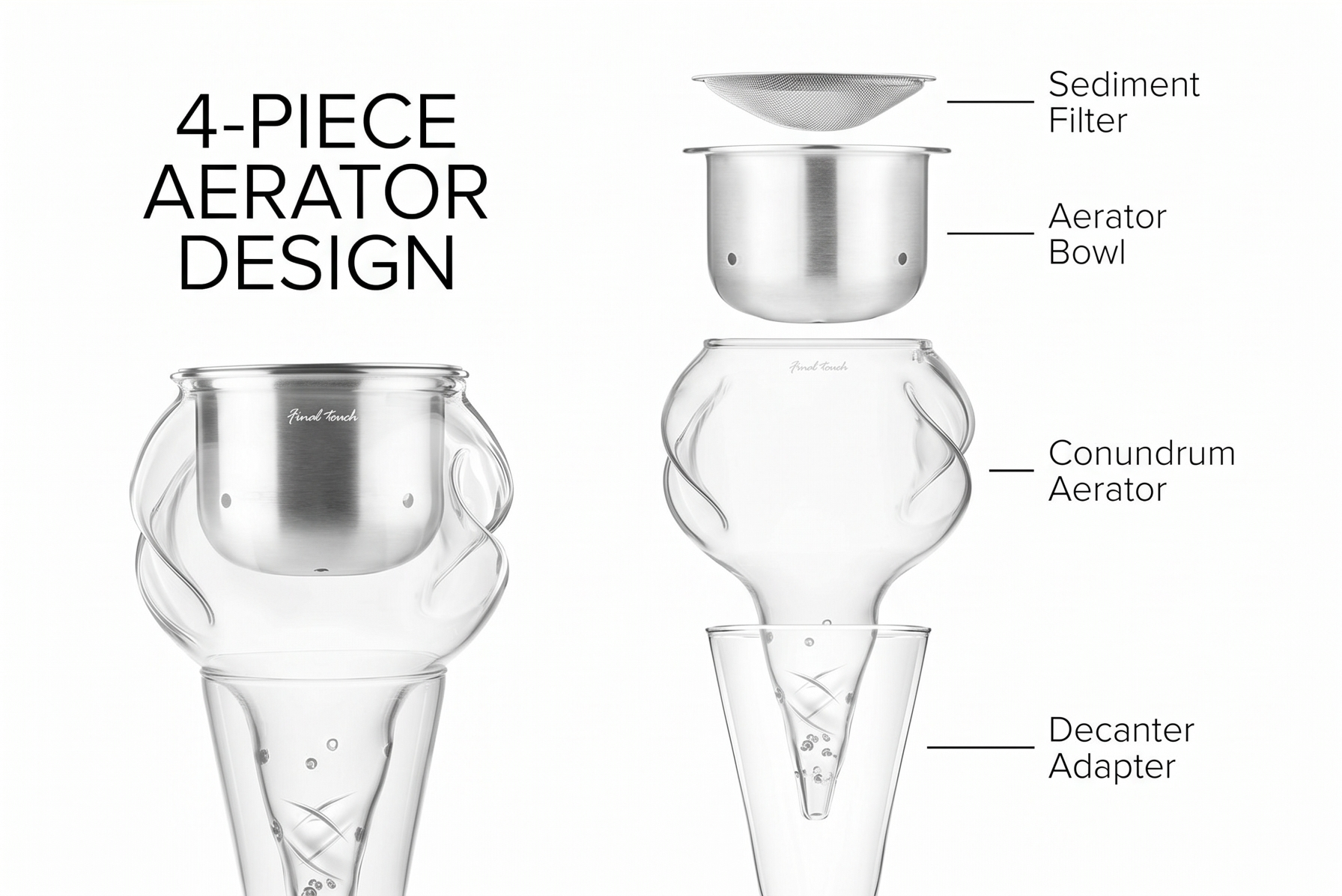 Final Touch Conundrum Stainless Steel Wine Decanter Aerator - Instant Oxygenation, 3 Phase Aeration System, Sediment Filter, Fits Angled & Straight Decanters (WDA595)