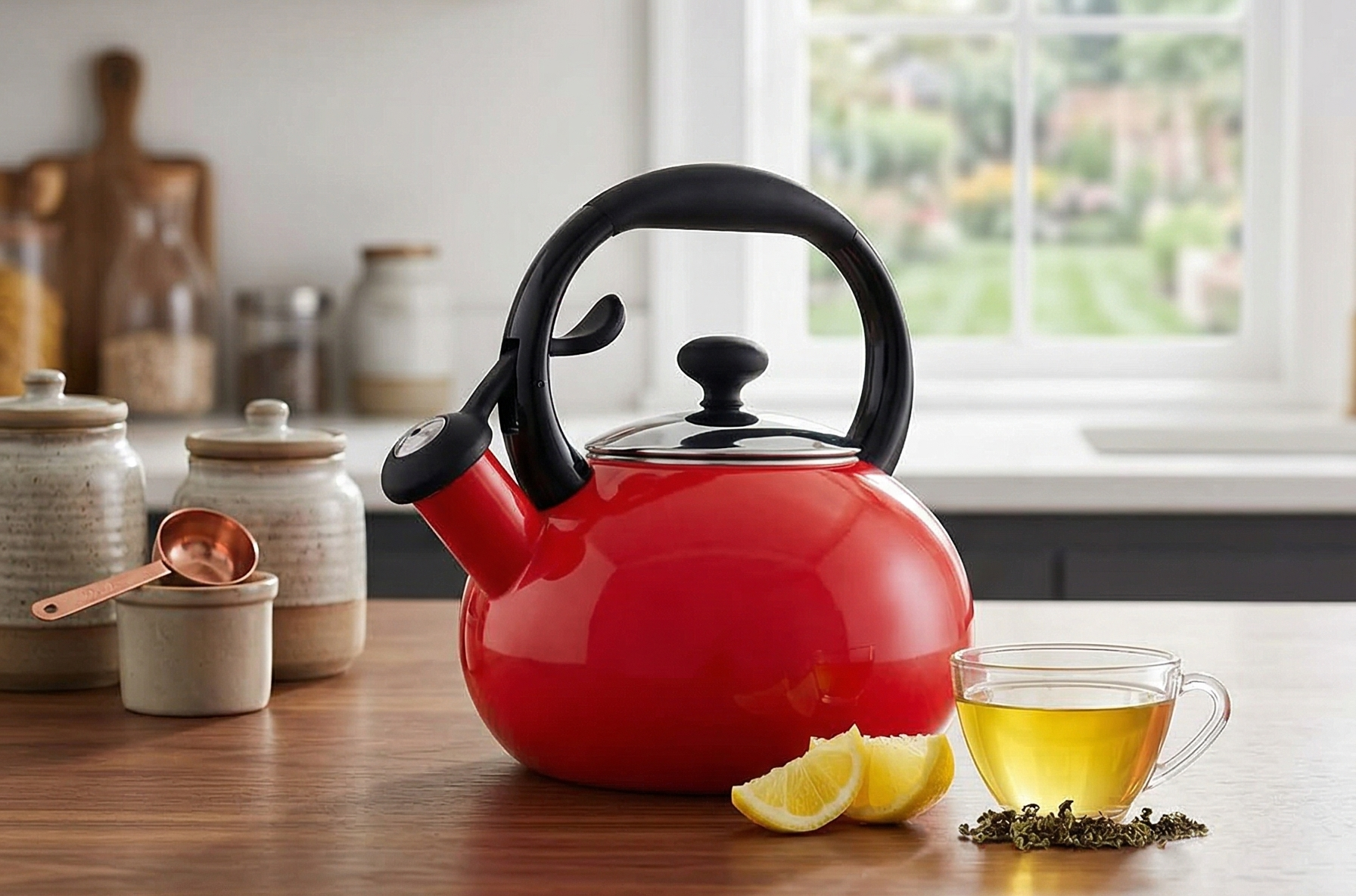 Chantal 1.8 QT Kettle, Buttons Series, Premium Enamel on Carbon Steel, Whistling, Even Heating & Quick Boil (Red)