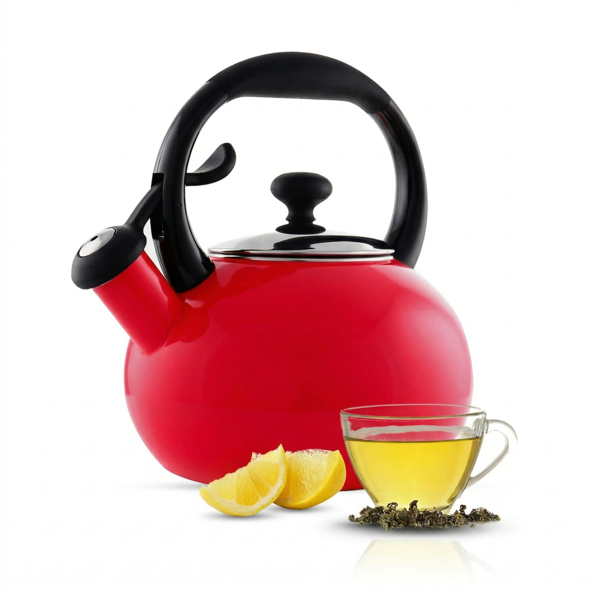 Chantal 1.8 QT Kettle, Buttons Series, Premium Enamel on Carbon Steel, Whistling, Even Heating & Quick Boil (Red)