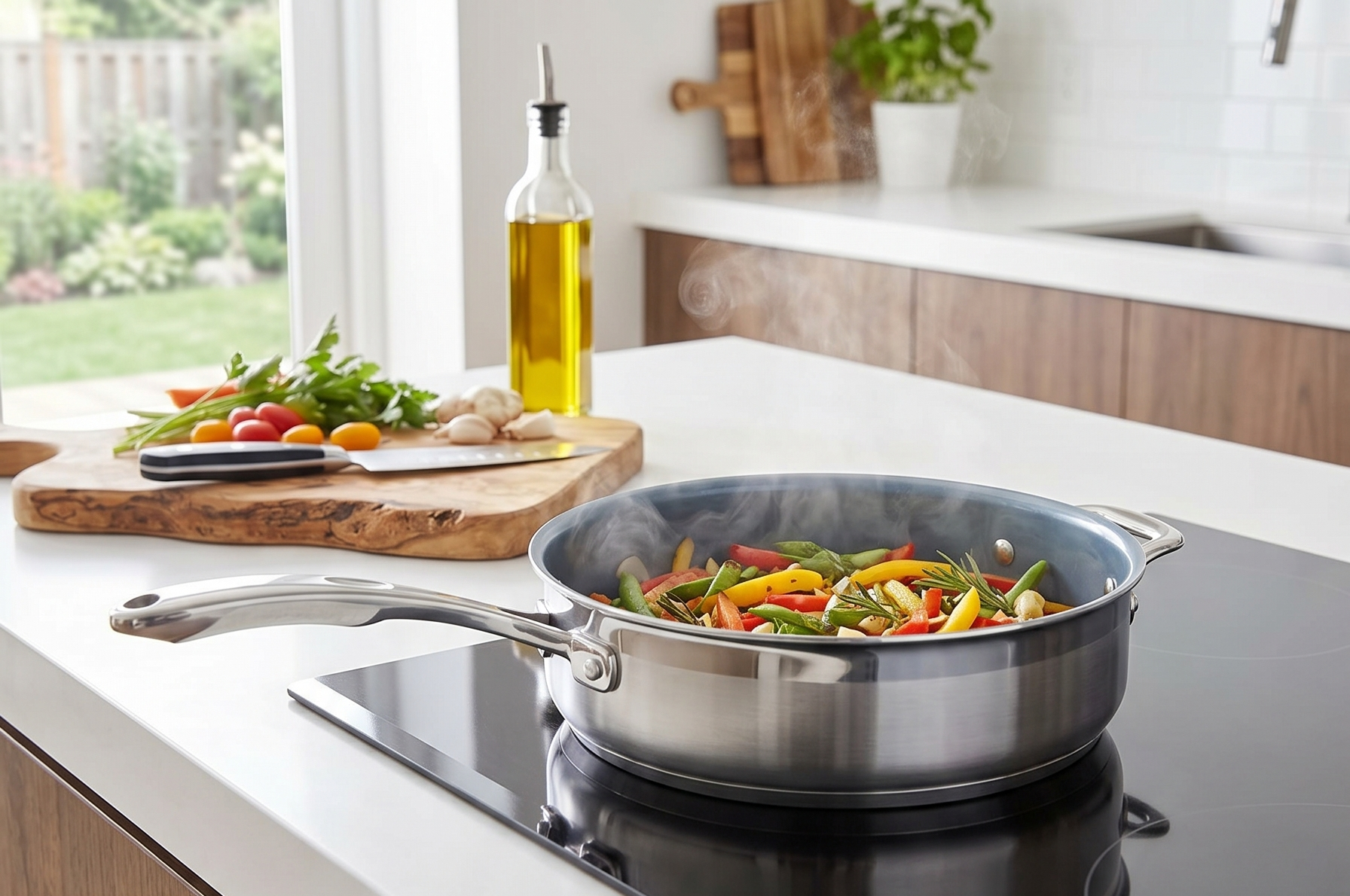 Chantal Induction 21 Steel 5 quart NonStick Saute Pan with Tempered Glass Lid, Ceramic Non Stick, Brushed Stainless Steel