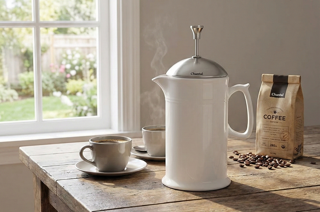 Chantal Stoneware French Press with Stainless Steel Plunger and Lid, 28 ounce capacity, White