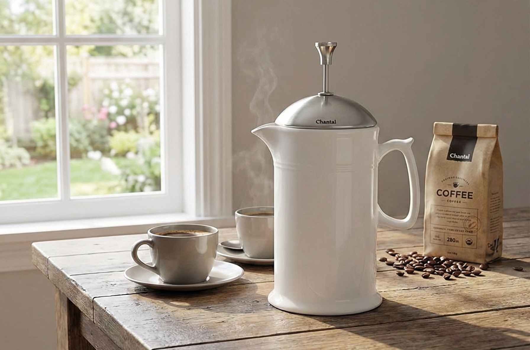 Chantal Stoneware French Press with Stainless Steel Plunger and Lid, 28 ounce capacity, White