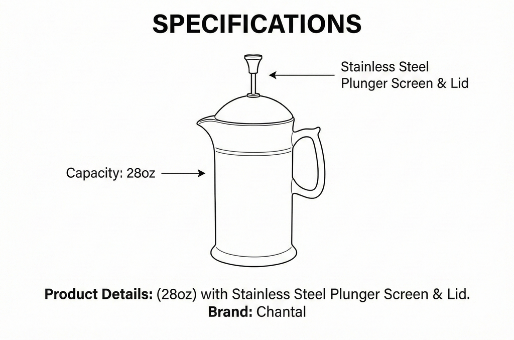 Chantal Stoneware French Press with Stainless Steel Plunger and Lid, 28 ounce capacity, White