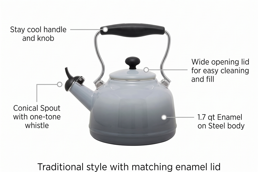Chantal Tea Kettle, Vintage Series, Enamel on Steel, Whistling (Fade Grey)