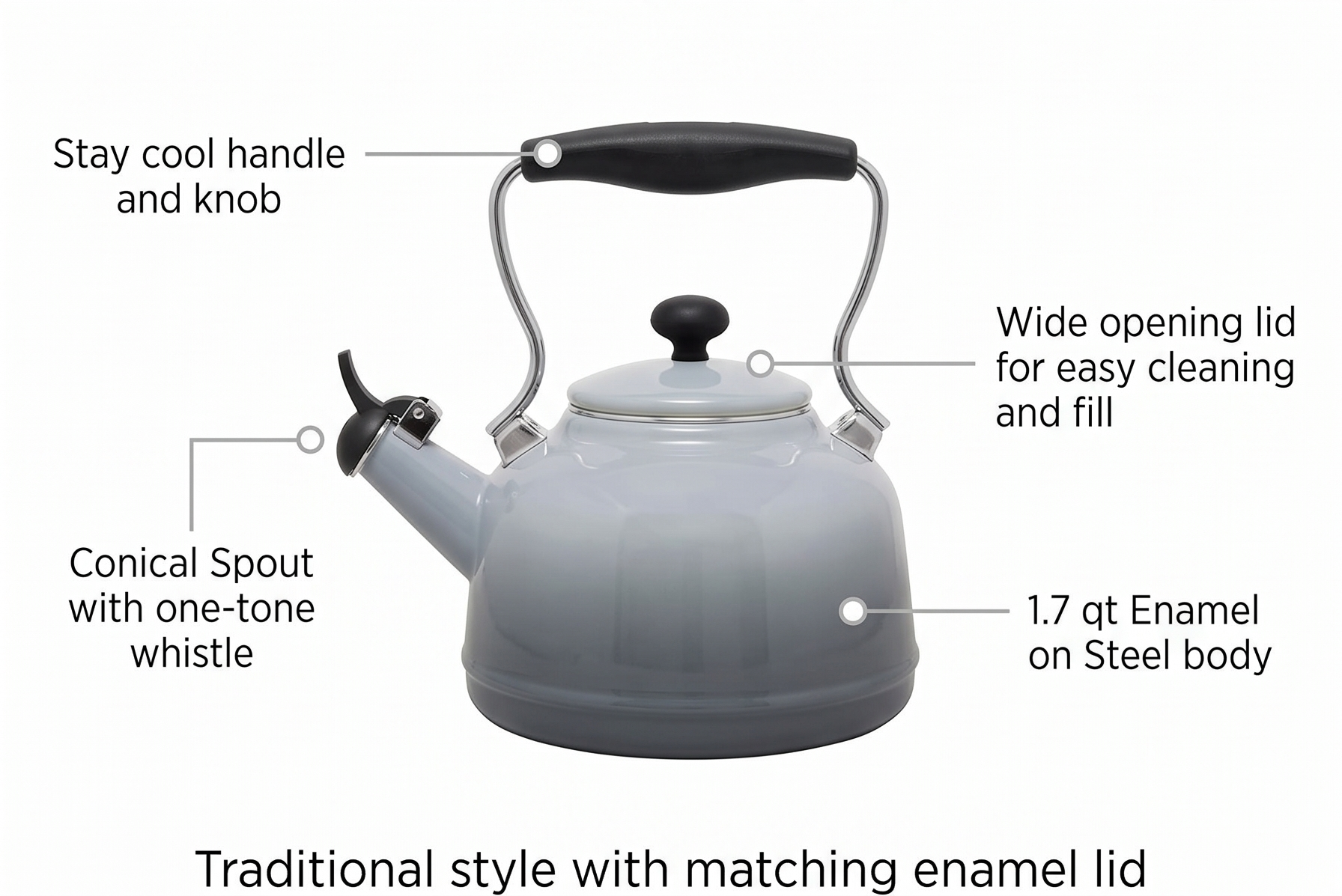 Chantal Tea Kettle, Vintage Series, Enamel on Steel, Whistling (Fade Grey)