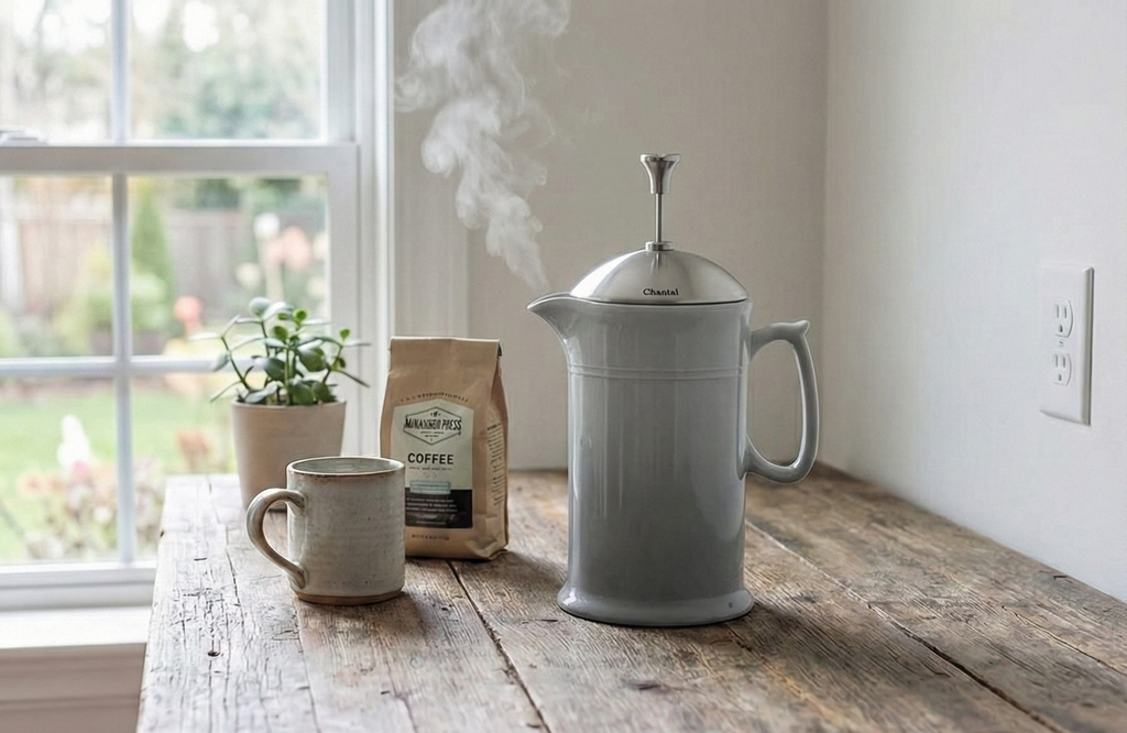 Chantal Stoneware French Press with Stainless Steel Plunger and Lid, 28 ounce capacity, Fade Grey