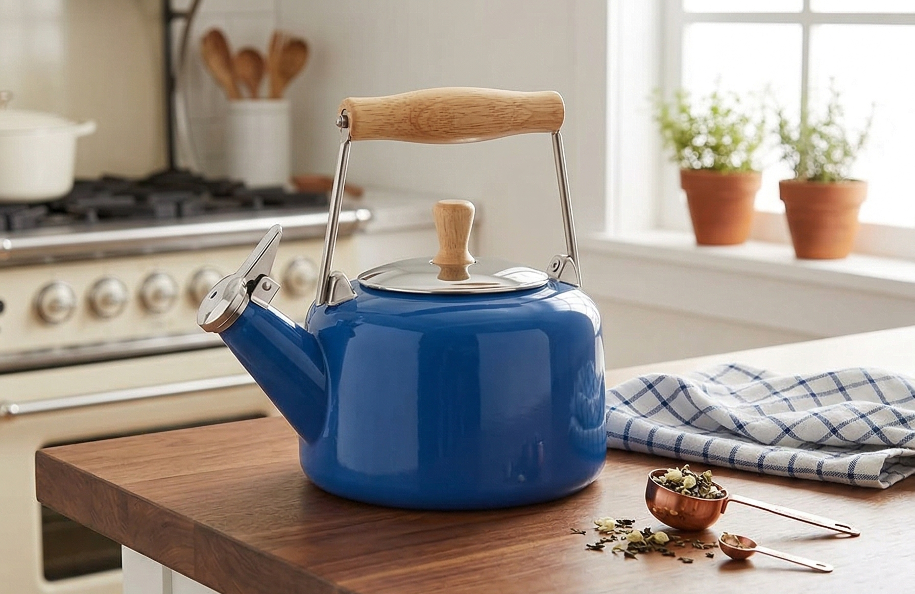 Chantal SVEN Enamel on Steel Whistling Teakettle with Natural Wood handle, 1.4 quarts (Blue Cove)