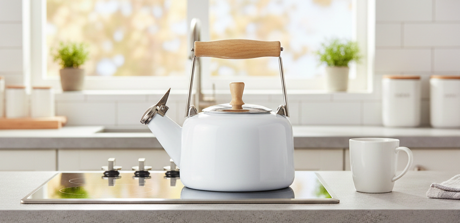 Chantal SVEN Enamel on Steel Whistling Teakettle with Natural Wood handle, 1.4 quarts (White)