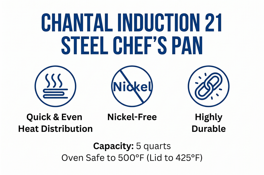 Chantal Induction 21 Steel 5 quart Chef's Pan with Tempered Glass Lid, Brushed Stainless Steel