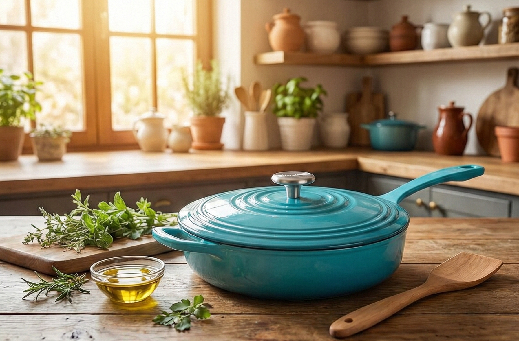 Chantal Cast Iron Skillet Sauté Pan with Lid, 4 qt, US Formulated Premium Enamel, Sea Blue