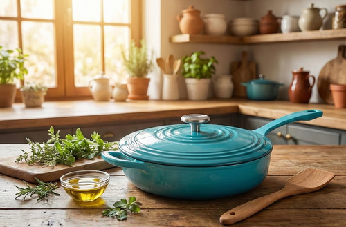 Chantal Cast Iron Skillet Sauté Pan with Lid, 4 qt, US Formulated Premium Enamel, Sea Blue