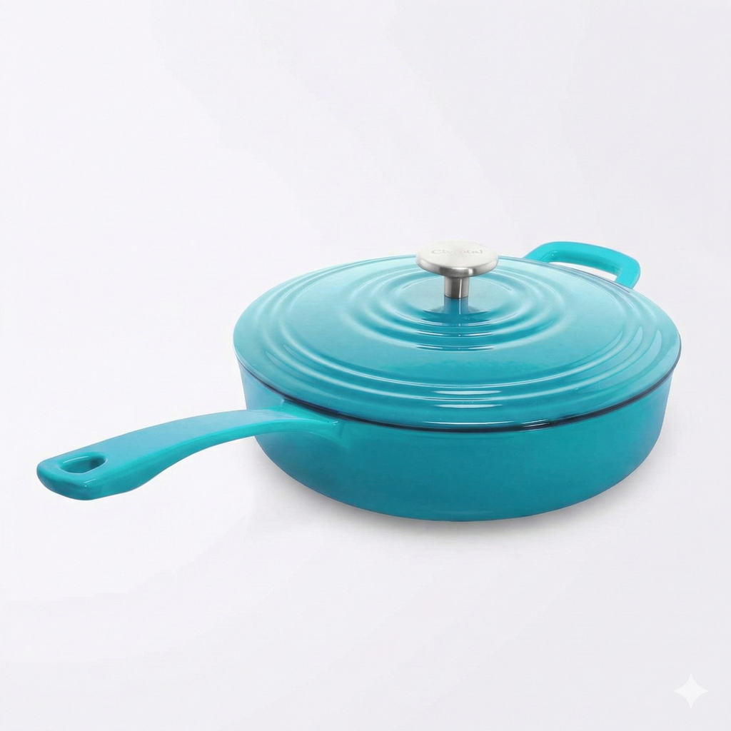 Chantal Cast Iron Skillet Sauté Pan with Lid, 4 qt, US Formulated Premium Enamel, Sea Blue