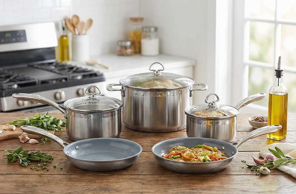 Chantal Induction 21 Steel 8 Piece Cookware Set with Ceramic Coated Fry Pans, 8 pc Set