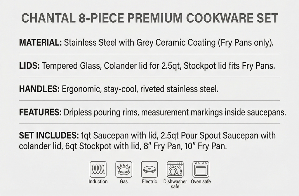 Chantal Induction 21 Steel 8 Piece Cookware Set with Ceramic Coated Fry Pans, 8 pc Set