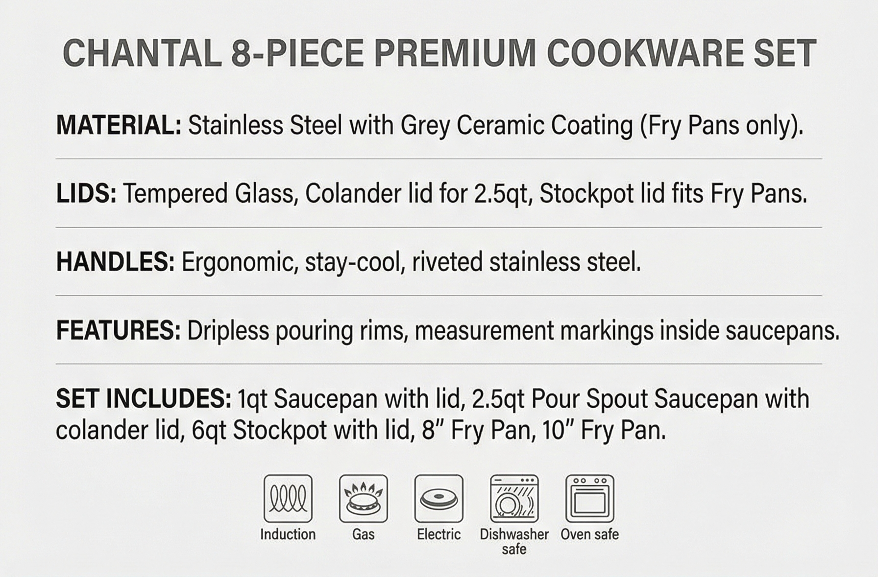 Chantal Induction 21 Steel 8 Piece Cookware Set with Ceramic Coated Fry Pans, 8 pc Set