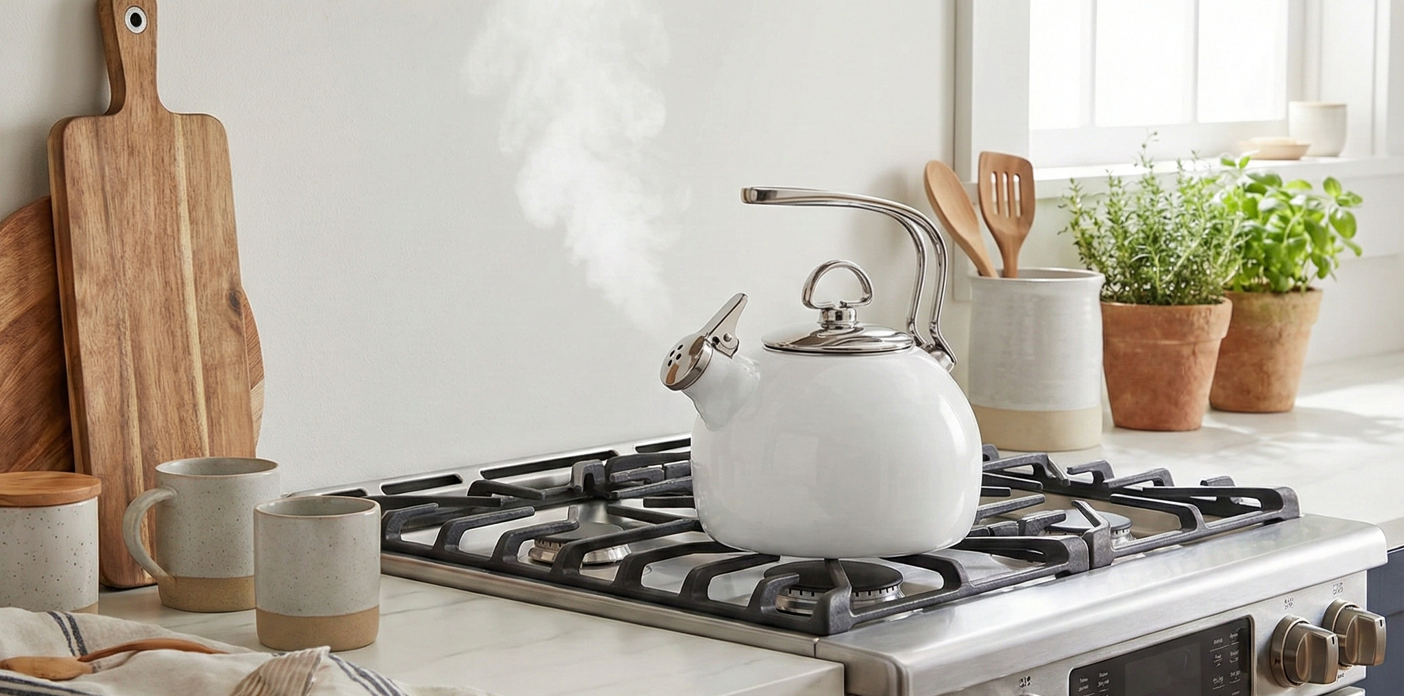 Chantal Classic Teakettle, 1.8 QT, Enamel On Steel, 2-Tone Harmonica Whistle, Rapid Boil and Even Heating (White)