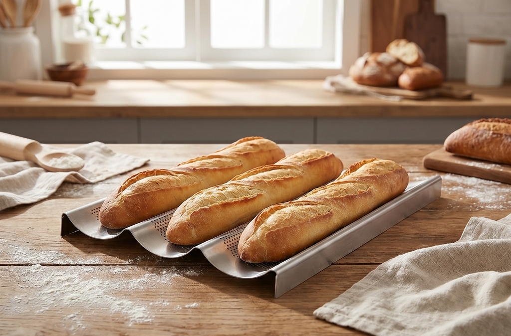 USA Pan Bakeware Aluminum Perforated Nonstick French Baguette Bread Pan, 3-Loaf
