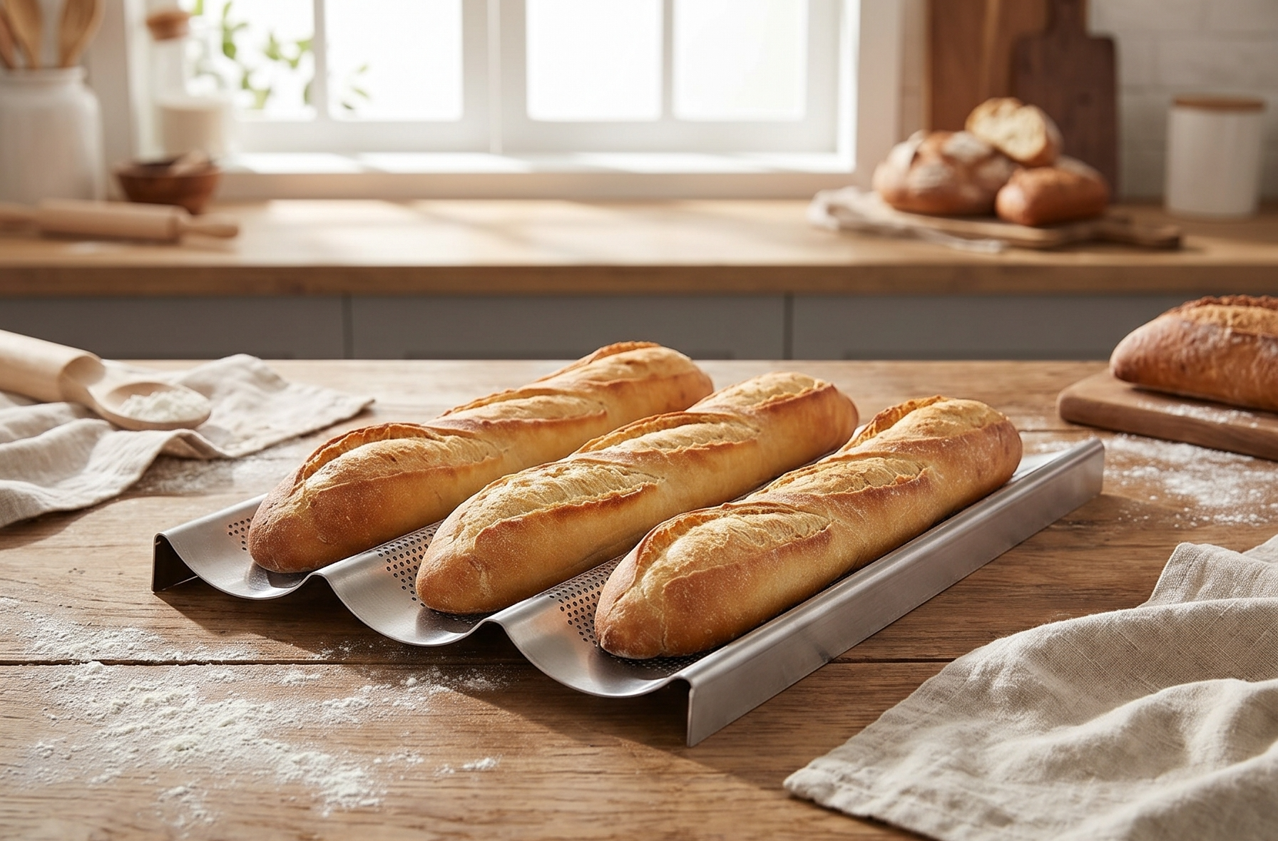 USA Pan Bakeware Aluminum Perforated Nonstick French Baguette Bread Pan, 3-Loaf