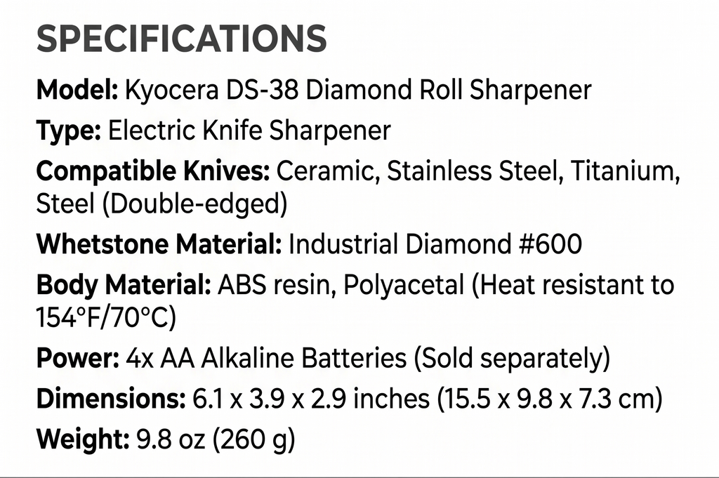 Kyocera DS-38 Diamond Roll Sharpener, Electric Knife Sharpener, For Knives (Ceramic, Stainless Steel, Titanium, Steel), For Double-edged, Diamond Whetstone, Single Edge, Several Times, High Sharpening