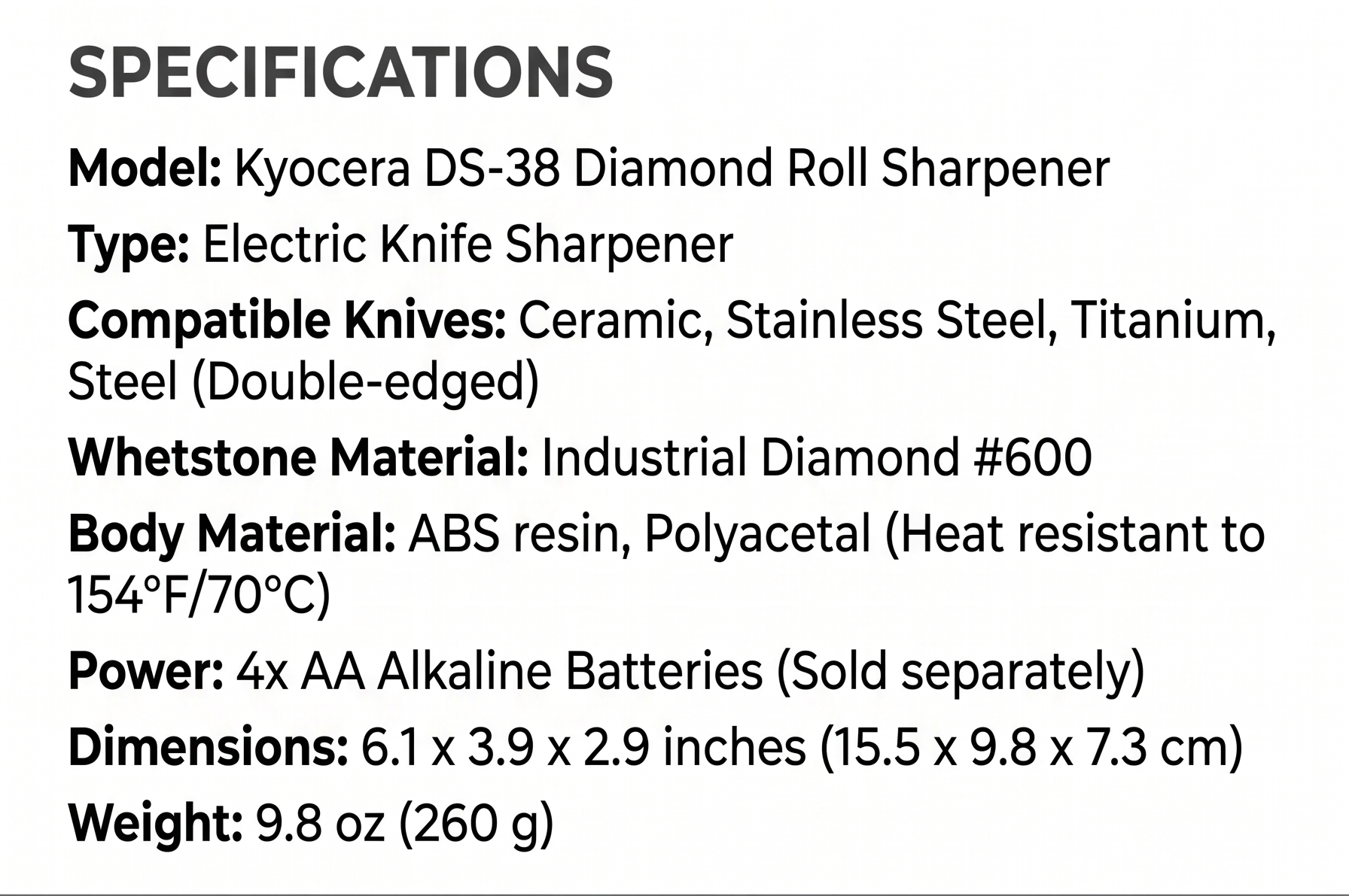 Kyocera DS-38 Diamond Roll Sharpener, Electric Knife Sharpener, For Knives (Ceramic, Stainless Steel, Titanium, Steel), For Double-edged, Diamond Whetstone, Single Edge, Several Times, High Sharpening