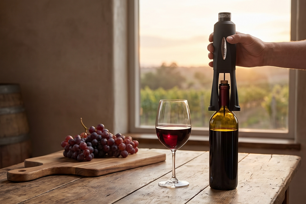 Cork Pops Legacy Wine Opener Built-in 4-Blade Foil Cutter Safe Cork Removal, Effortless Push Button Use, Needle Guard for Safety, Low-Pressure Cartridge Opens Up To 60 Bottles