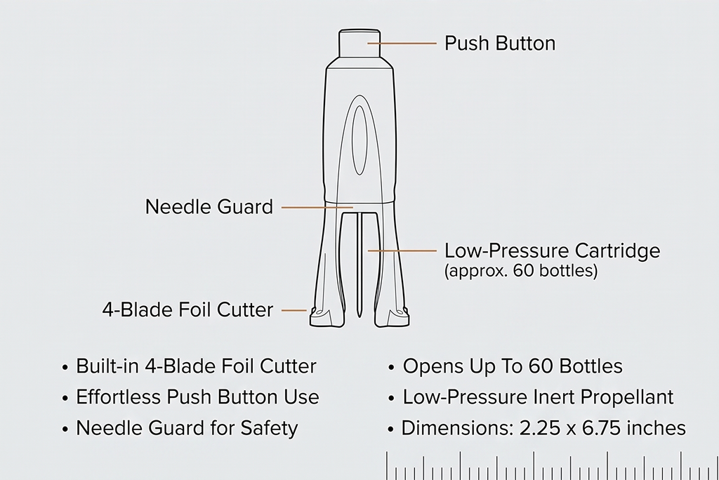 Cork Pops Legacy Wine Opener Built-in 4-Blade Foil Cutter Safe Cork Removal, Effortless Push Button Use, Needle Guard for Safety, Low-Pressure Cartridge Opens Up To 60 Bottles