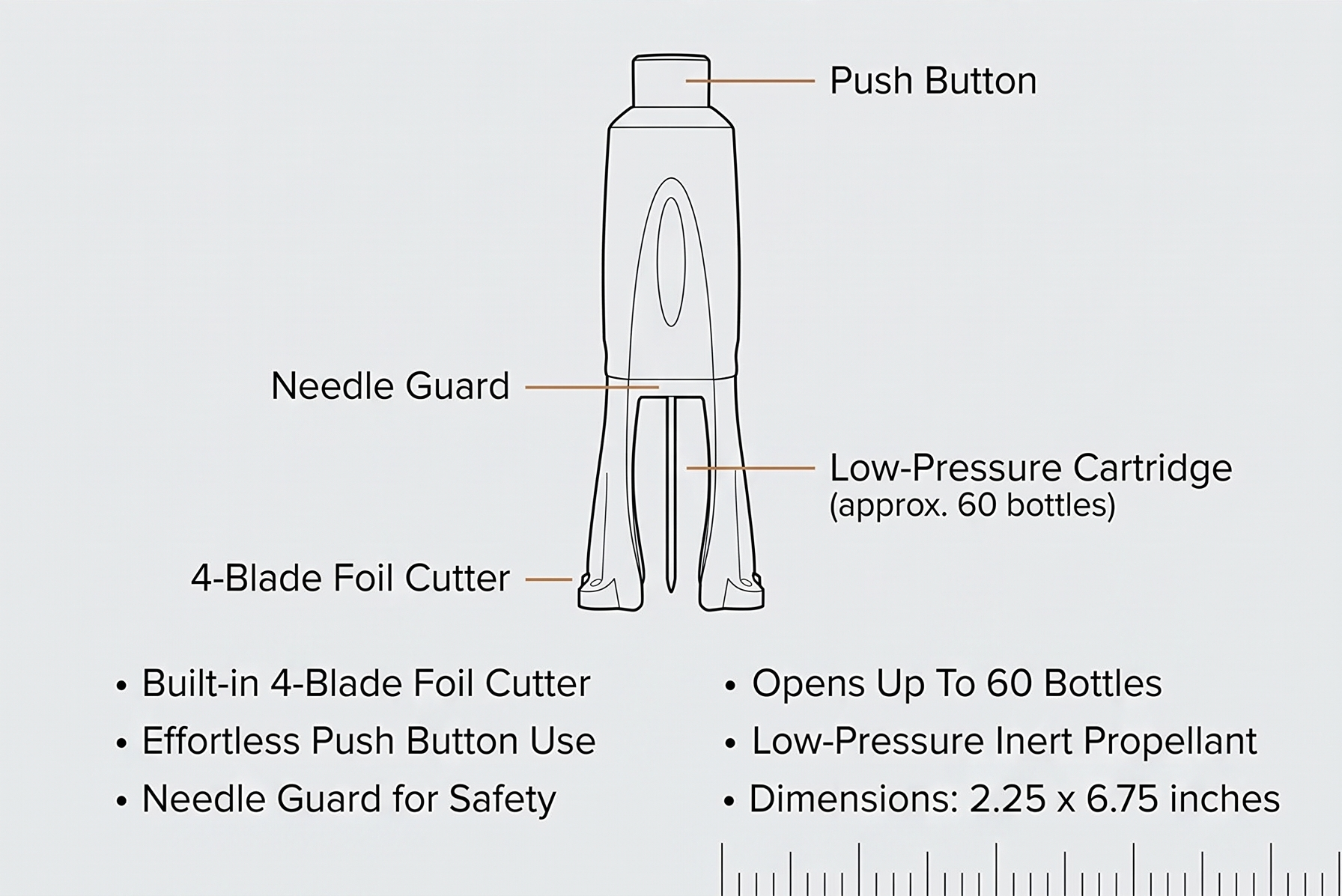 Cork Pops Legacy Wine Opener Built-in 4-Blade Foil Cutter Safe Cork Removal, Effortless Push Button Use, Needle Guard for Safety, Low-Pressure Cartridge Opens Up To 60 Bottles