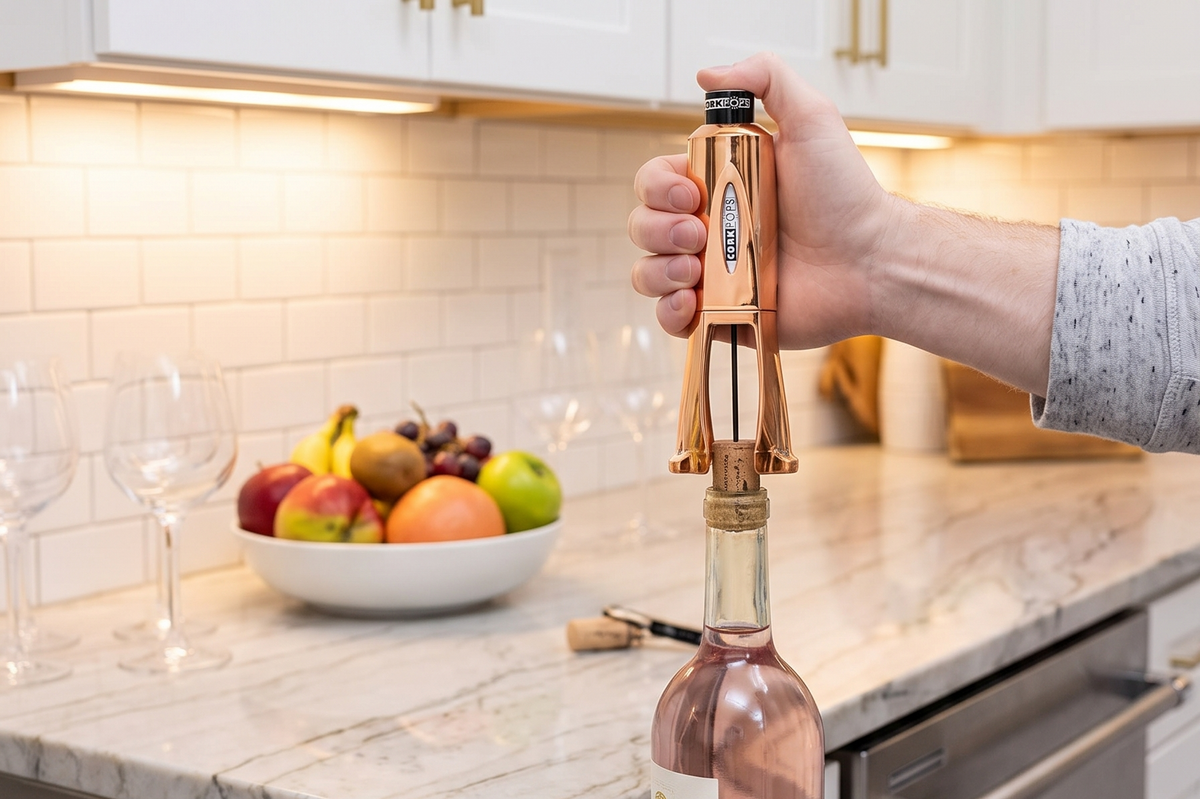 Cork Pops Legacy Wine Opener Built-in 4-Blade Foil Cutter Safe Cork Removal, Effortless Push Button Use, Needle Guard for Safety, Low-Pressure Cartridge Opens Up To 60 (Copper, With 1 Cartridge)