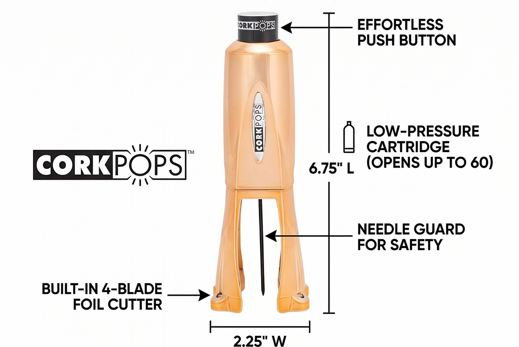 Cork Pops Legacy Wine Opener Built-in 4-Blade Foil Cutter Safe Cork Removal, Effortless Push Button Use, Needle Guard for Safety, Low-Pressure Cartridge Opens Up To 60 (Copper, With 1 Cartridge)