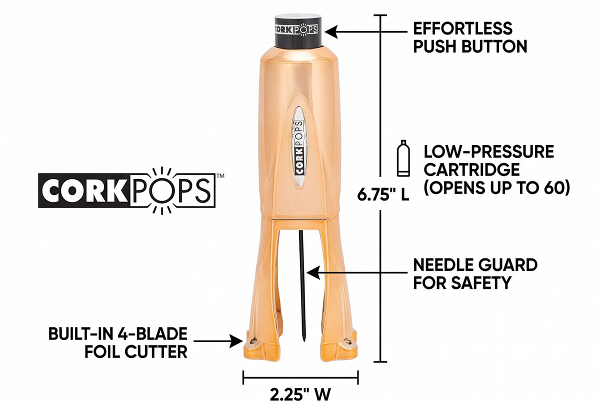 Cork Pops Legacy Wine Opener Built-in 4-Blade Foil Cutter Safe Cork Removal, Effortless Push Button Use, Needle Guard for Safety, Low-Pressure Cartridge Opens Up To 60 (Copper, With 1 Cartridge)