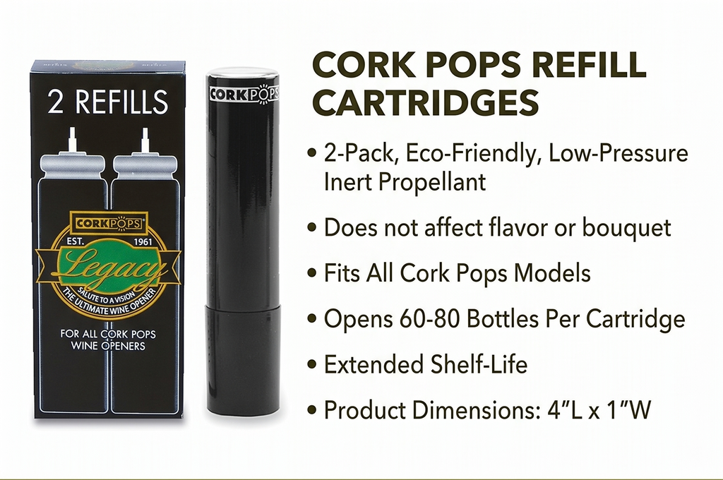 Cork Pops Wine Bottle Opener Refill Cartridges 2 Per Box- Eco-Friendly Low-Pressure, Fits All Cork Pops Models Opens 60-80 Bottles Per Cartridge 1 Box