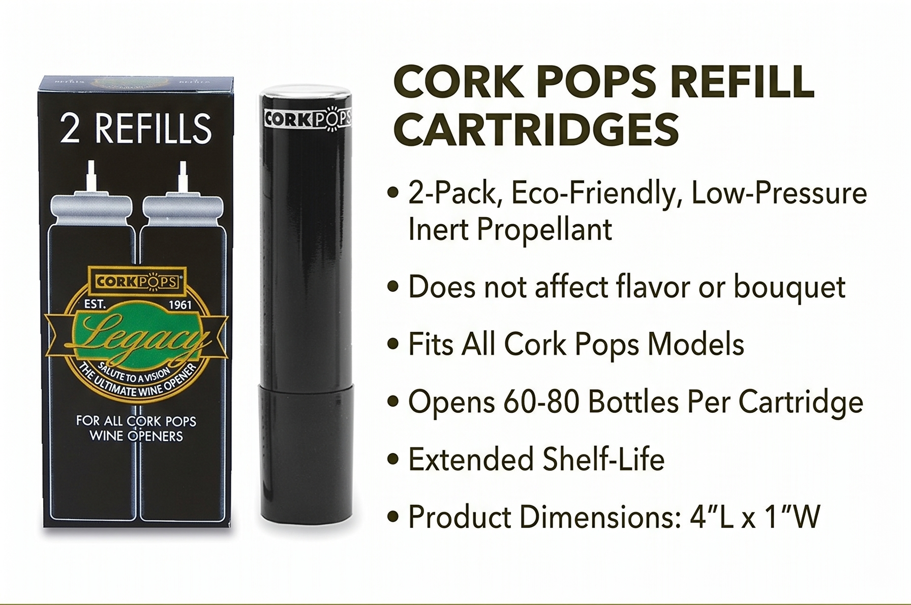 Cork Pops Wine Bottle Opener Refill Cartridges 2 Per Box- Eco-Friendly Low-Pressure, Fits All Cork Pops Models Opens 60-80 Bottles Per Cartridge 1 Box