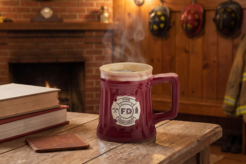Fireman 15 Oz Porcelain Coffee Mug/Cup Burgundy Stein Shape with Fire Department Crest