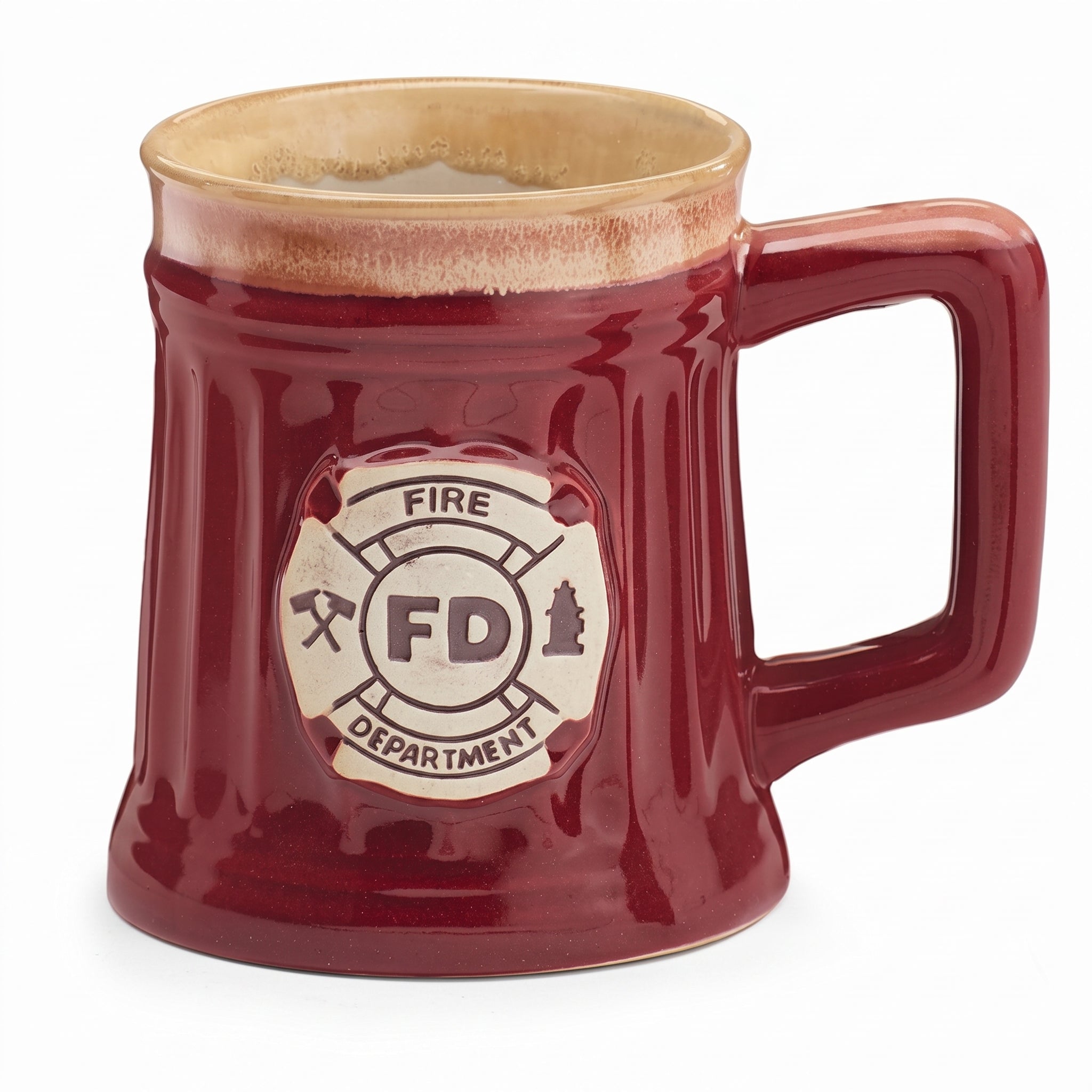 Fireman 15 Oz Porcelain Coffee Mug/Cup Burgundy Stein Shape with Fire Department Crest