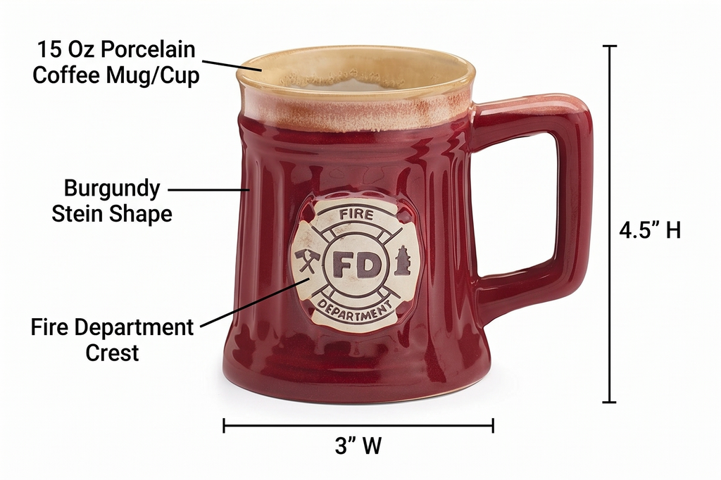 Fireman 15 Oz Porcelain Coffee Mug/Cup Burgundy Stein Shape with Fire Department Crest