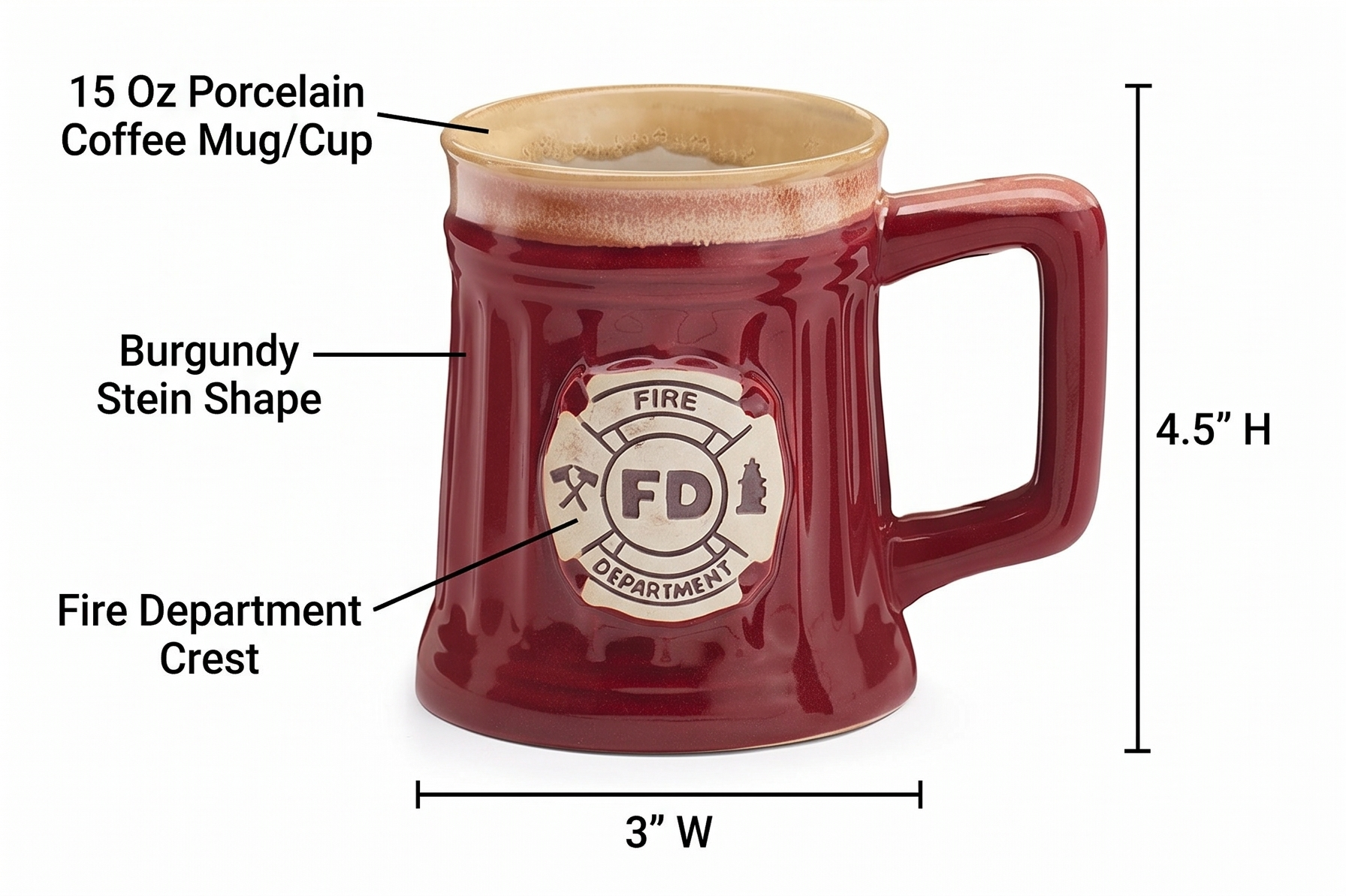 Fireman 15 Oz Porcelain Coffee Mug/Cup Burgundy Stein Shape with Fire Department Crest