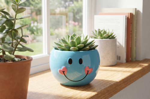 Adorable Blue Smiley Face/Happy Face Planter/Candy Dish with Hearts