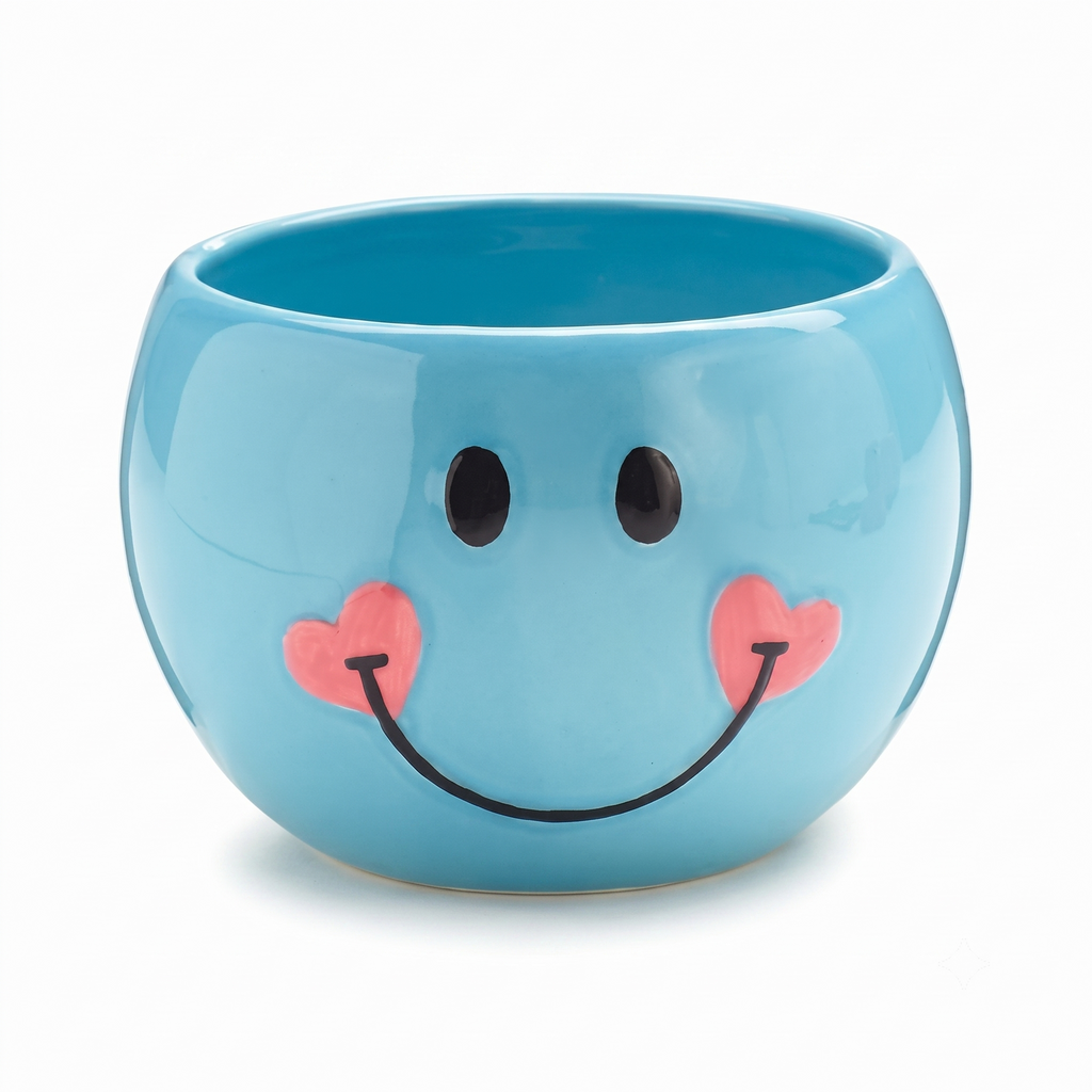 Adorable Blue Smiley Face/Happy Face Planter/Candy Dish with Hearts