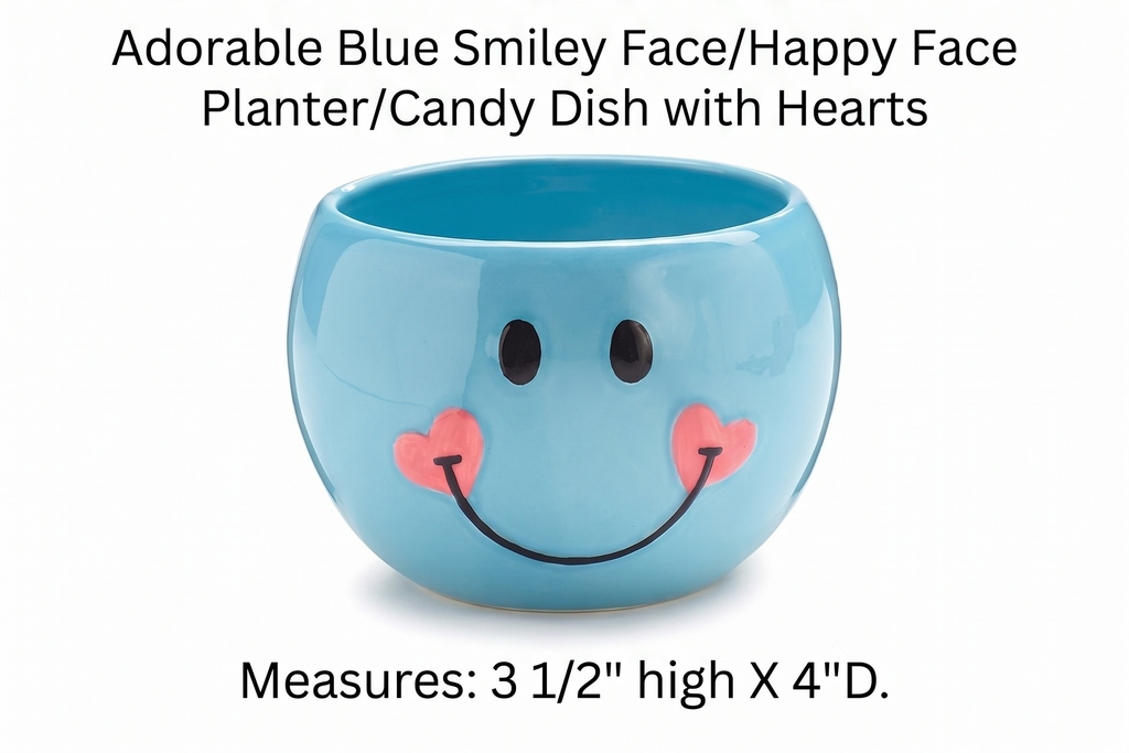 Adorable Blue Smiley Face/Happy Face Planter/Candy Dish with Hearts