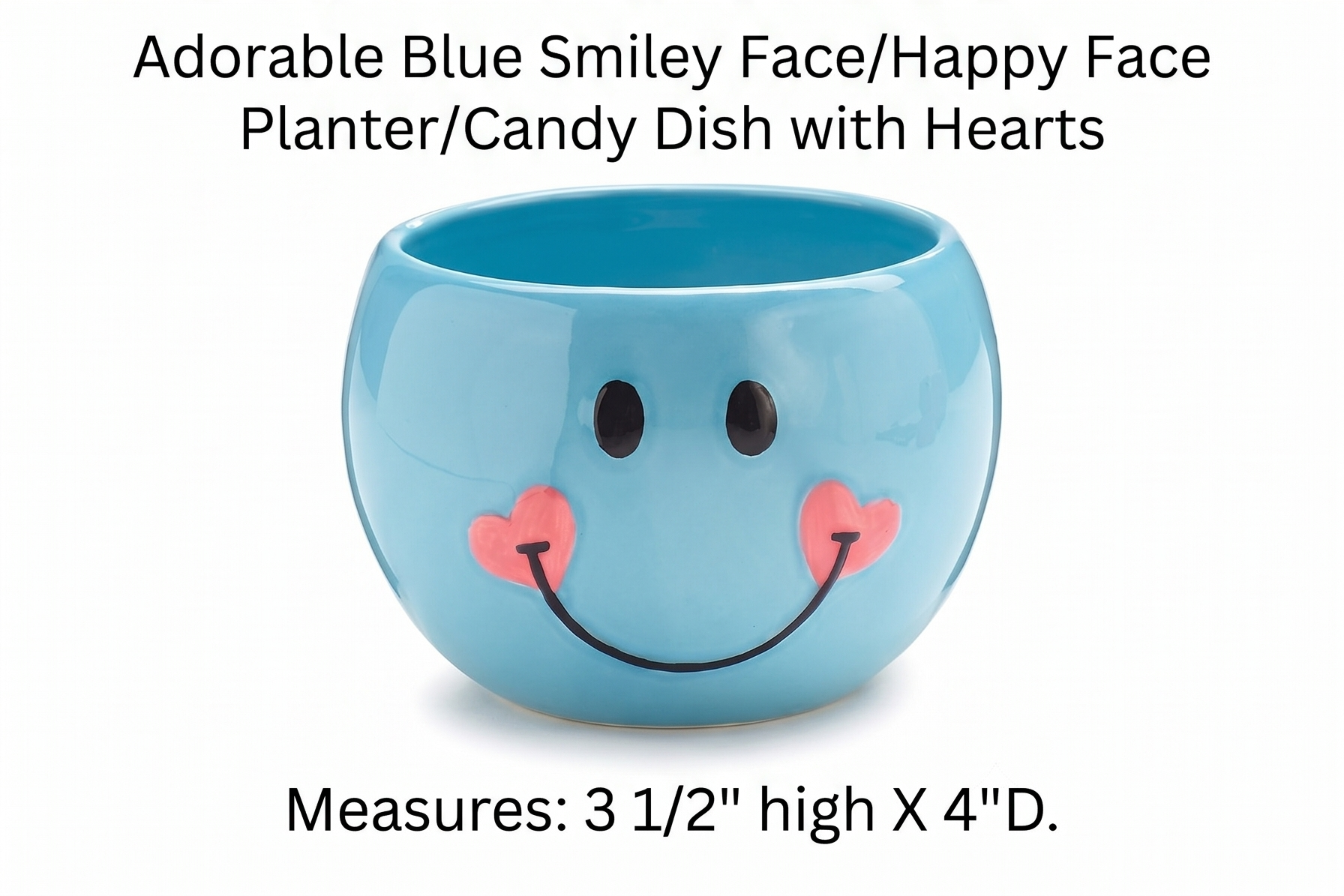 Adorable Blue Smiley Face/Happy Face Planter/Candy Dish with Hearts
