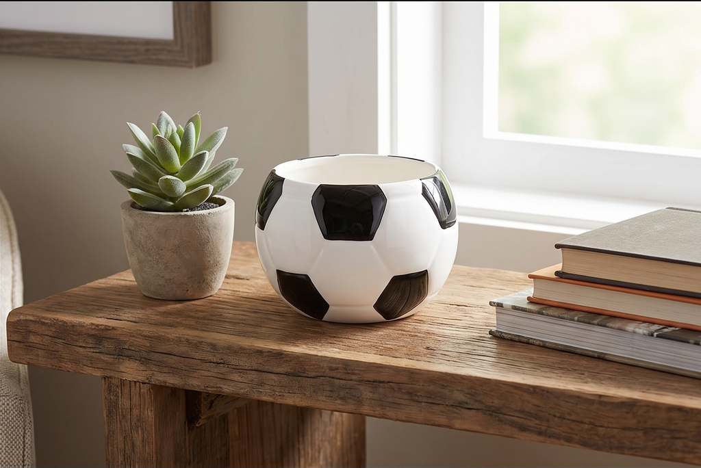 Decorative Ceramic Soccer Ball Planter/Candy Dish, Black & White, Medium, 3.5" x 3"