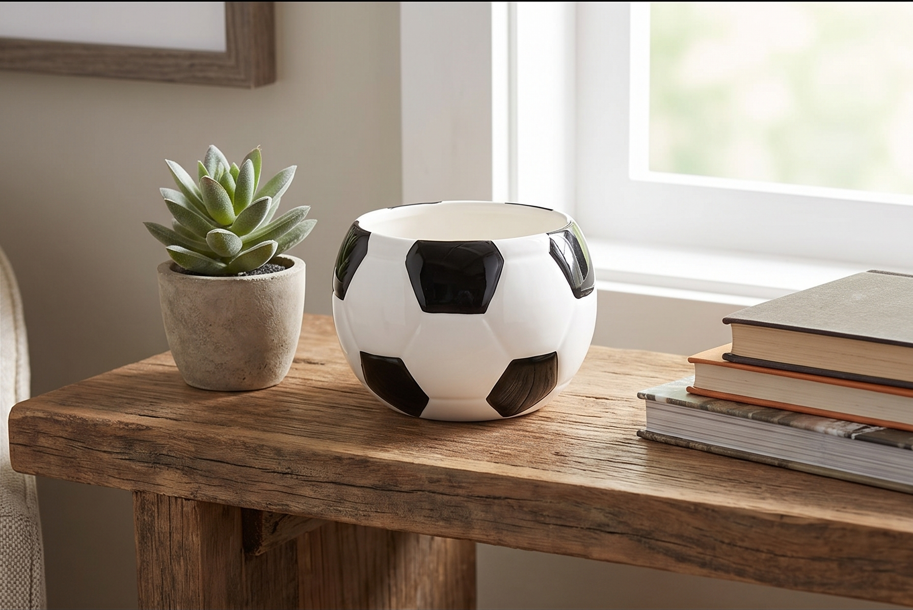 Decorative Ceramic Soccer Ball Planter/Candy Dish, Black & White, Medium, 3.5" x 3"